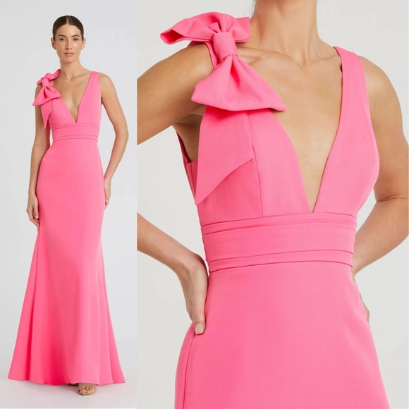 Mac Duggal Dresses & Skirts - Elegant Pink Bow-Shoulder V-Neck Evening Gown